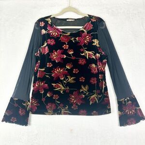 Vintage Velvet Mesh Flare Sleeve Top Large Whimsigoth Dark Floral Grunge Fairy